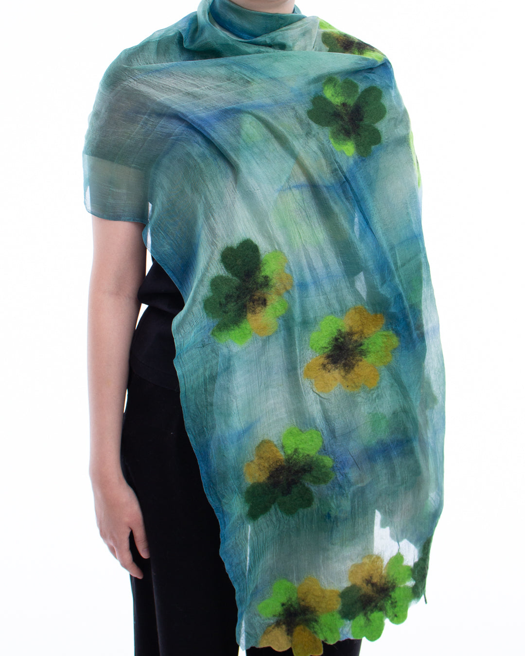 Felted silk with green flowers