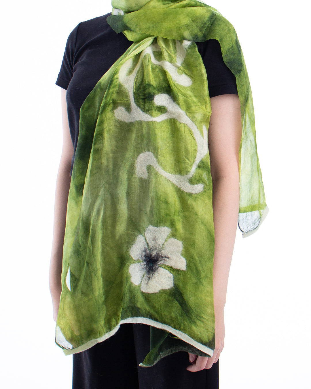 Felted green silk with flowers
