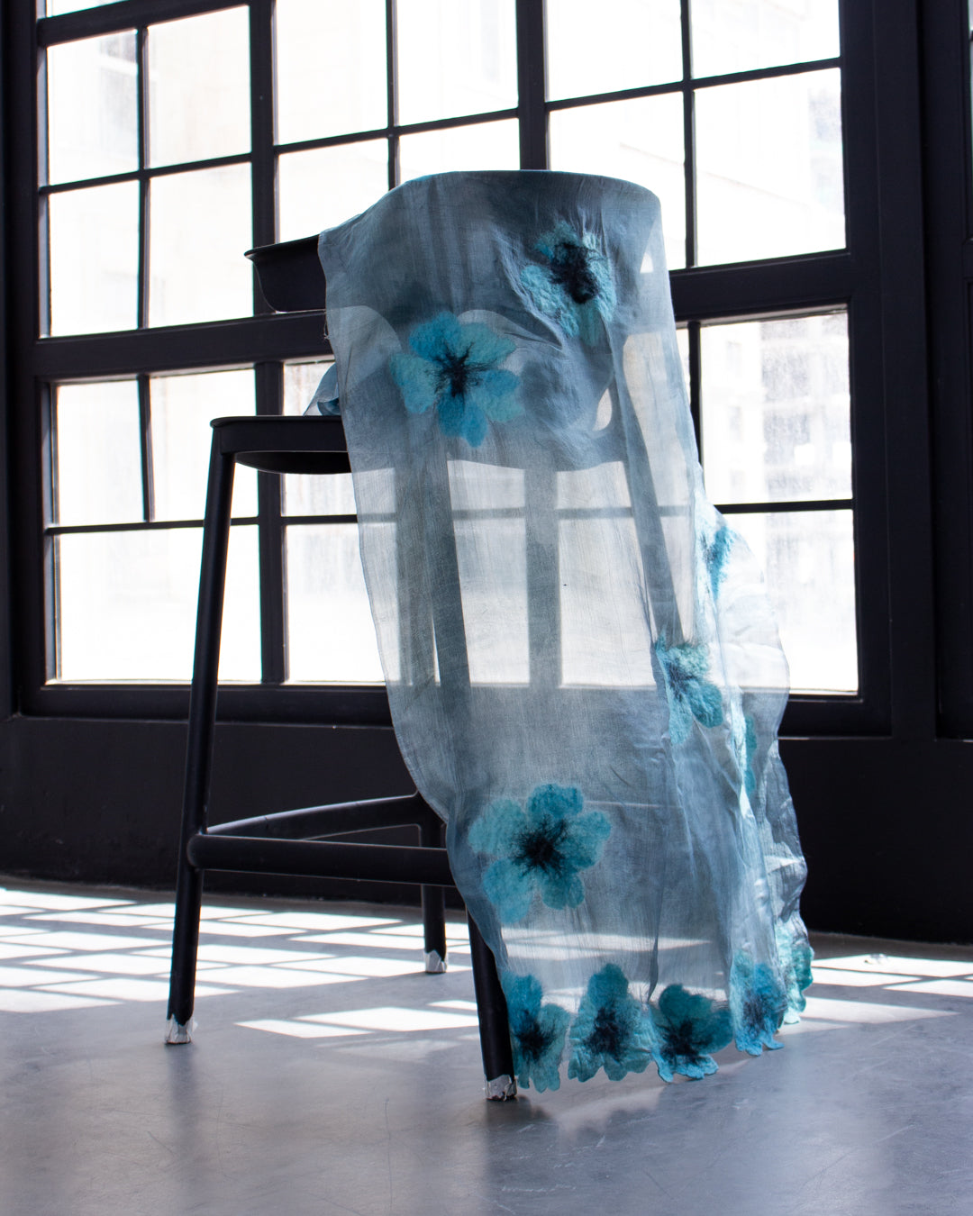 Felted grey silk with blue flowers