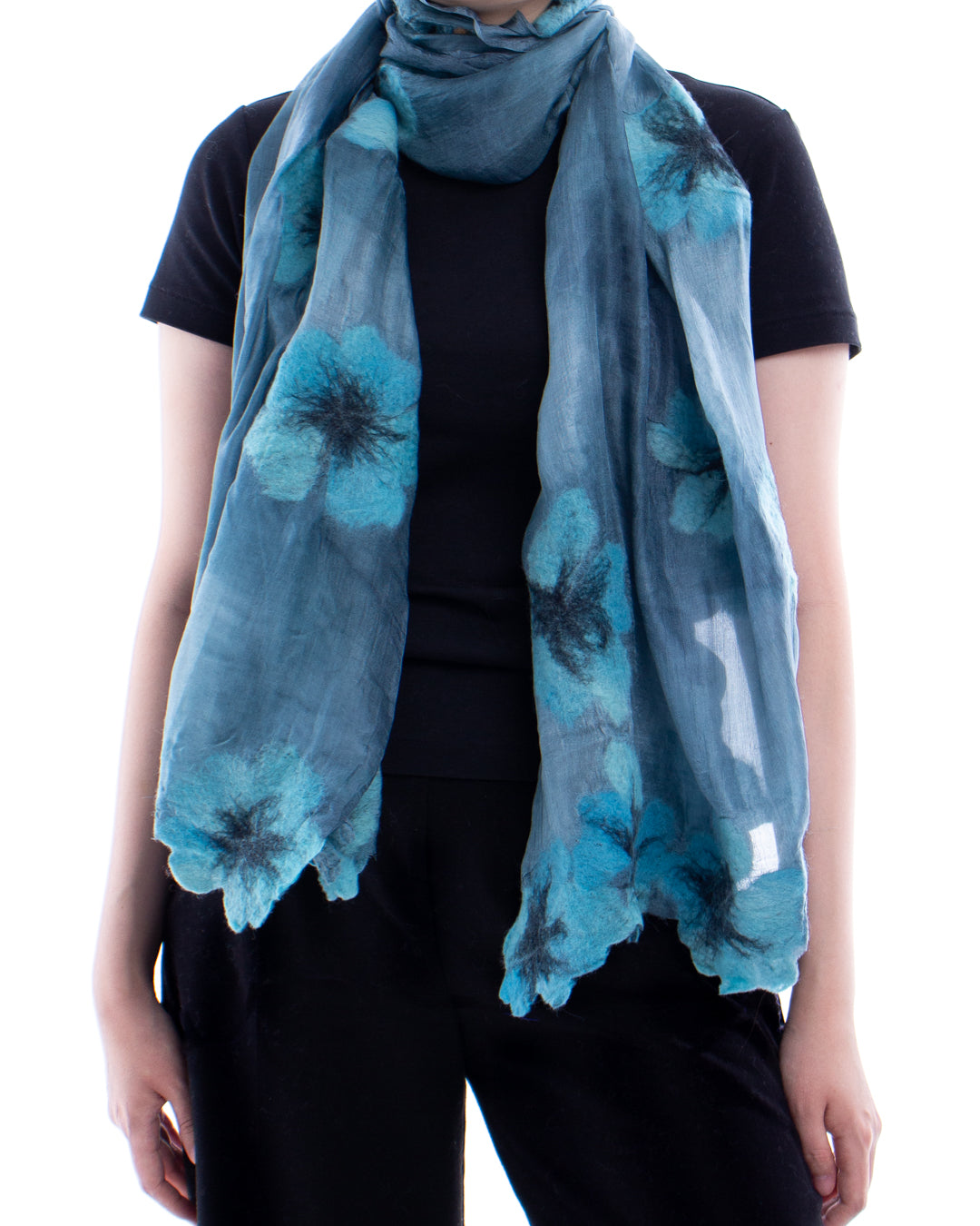 Felted grey silk with blue flowers