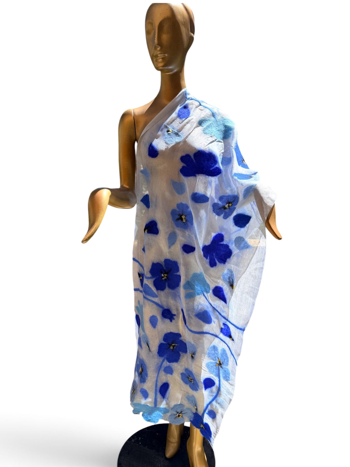 Hand-Felted Nuno Silk Scarf – Royal Blue Poppies on Lightweight Silk Wrap