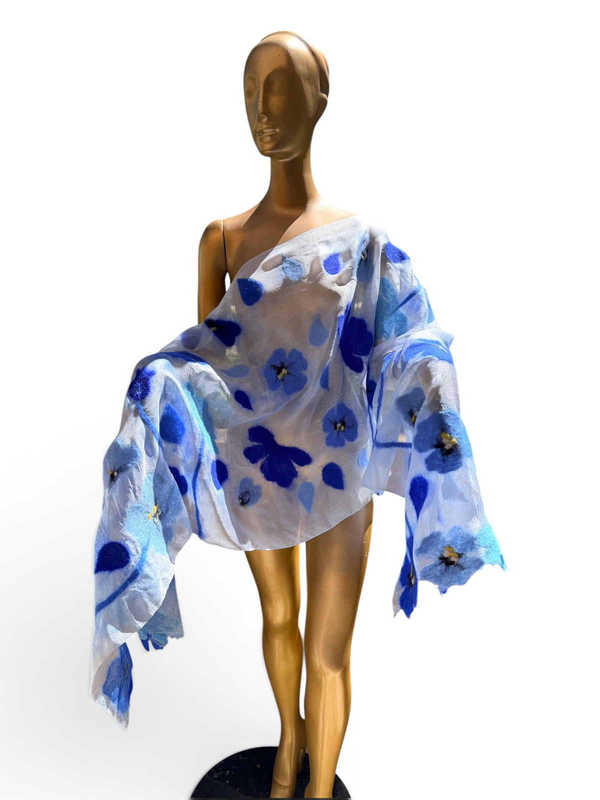 Hand-Felted Nuno Silk Scarf – Royal Blue Poppies on Lightweight Silk Wrap