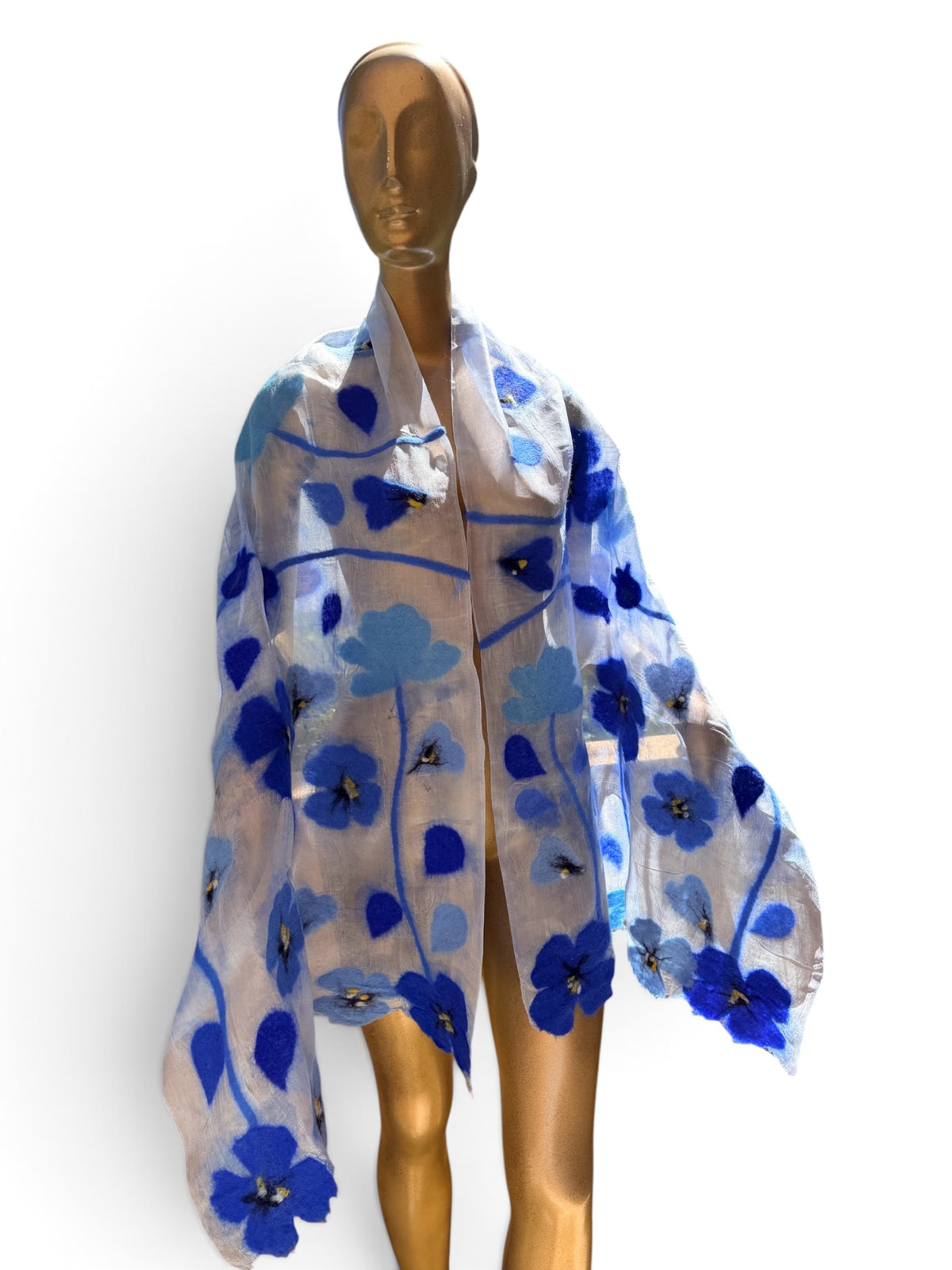 Hand-Felted Nuno Silk Scarf – Royal Blue Poppies on Lightweight Silk Wrap