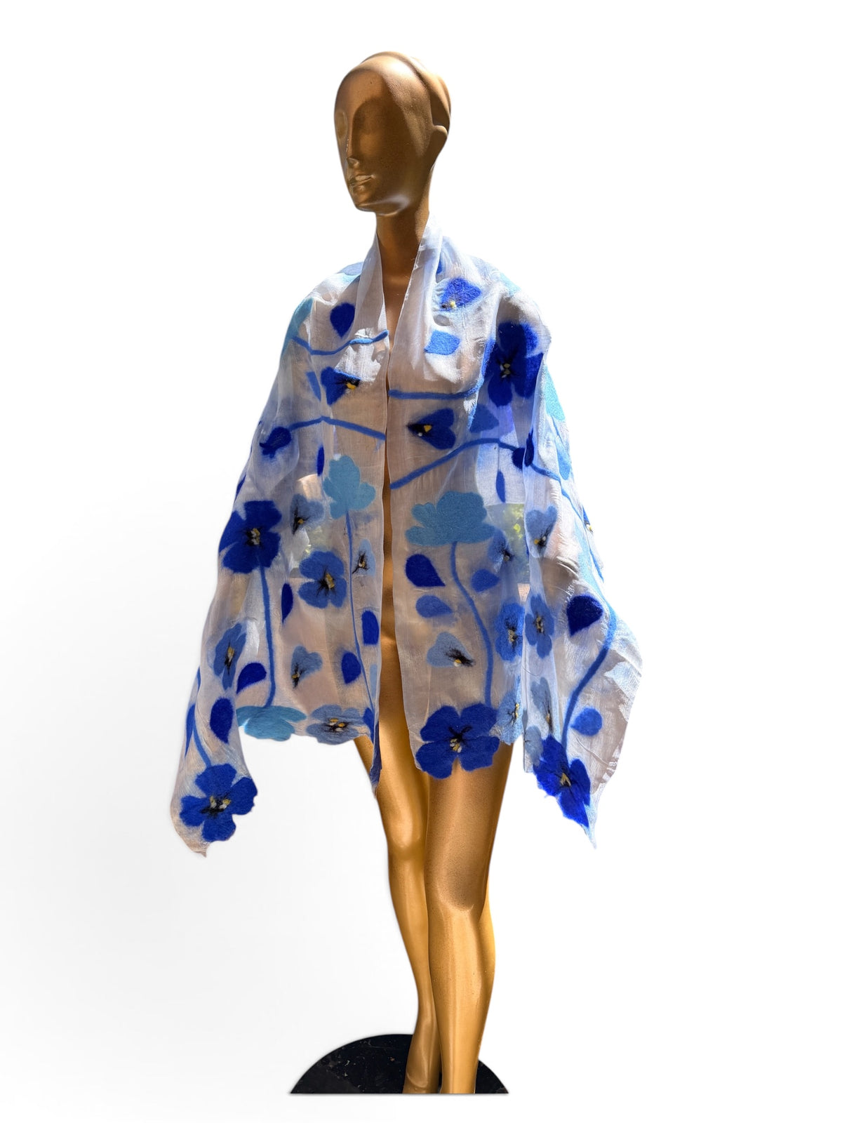 Hand-Felted Nuno Silk Scarf – Royal Blue Poppies on Lightweight Silk Wrap