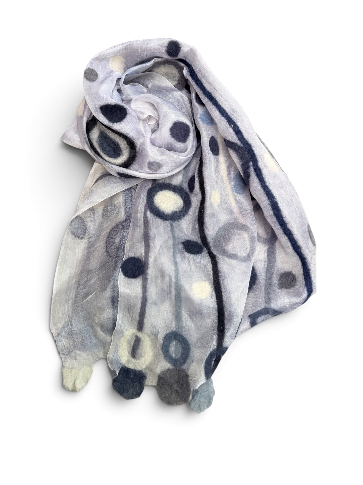 Hand-Felted Nuno Silk Scarf – Black Charcoal Dandelion Puff Shawl (Merino Wool on Silk)