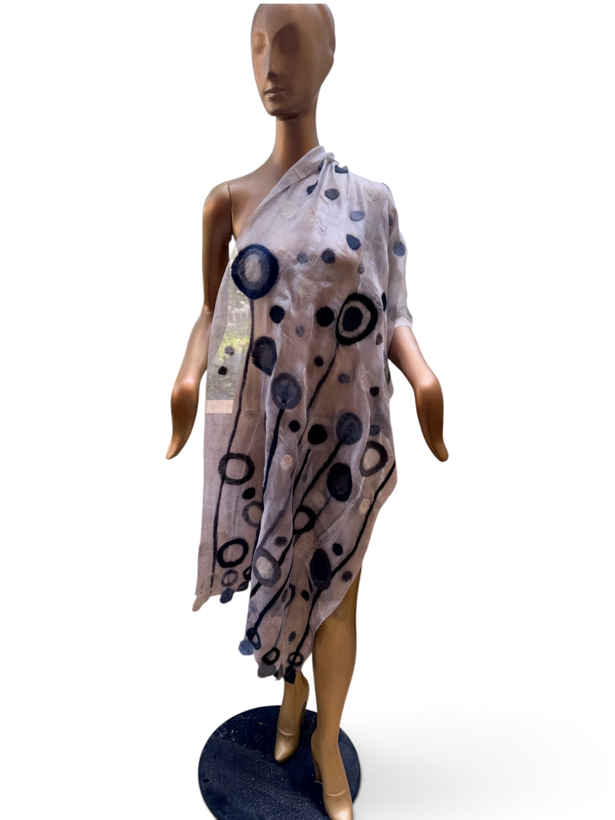 Hand-Felted Nuno Silk Scarf – Black Charcoal Dandelion Puff Shawl (Merino Wool on Silk)