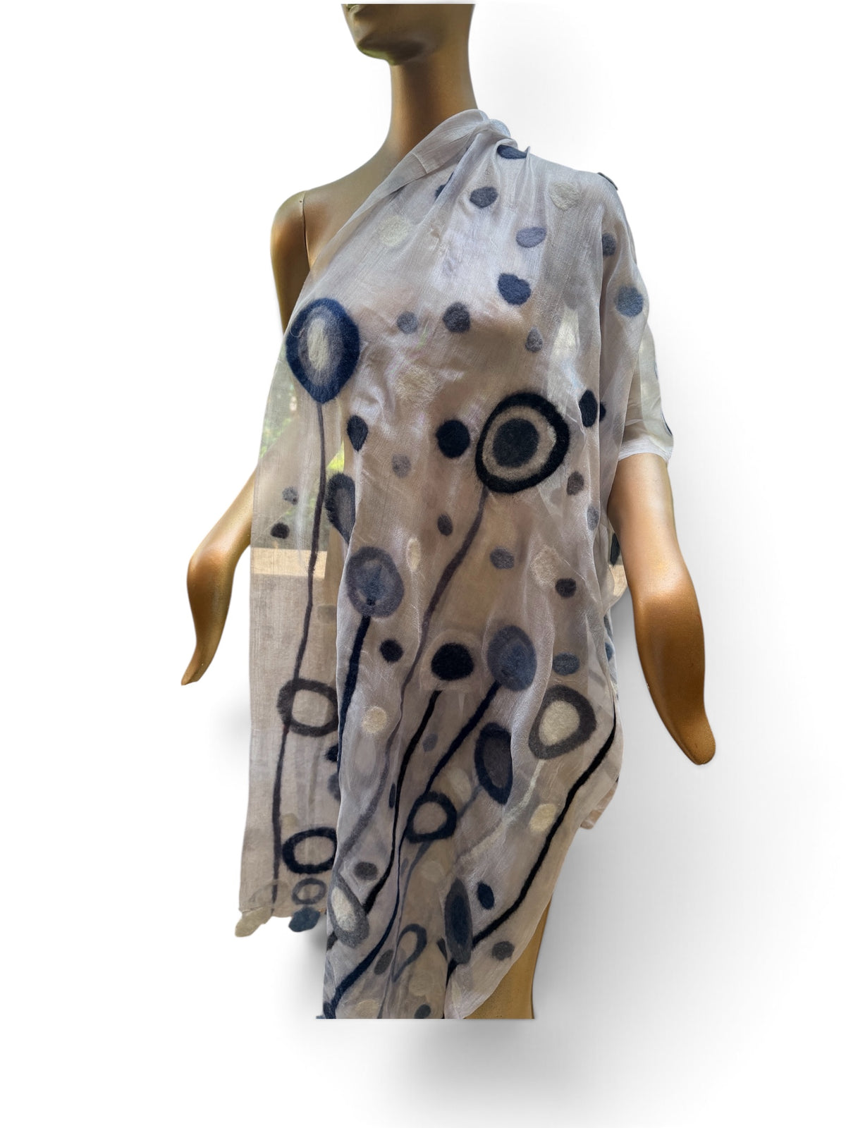 Hand-Felted Nuno Silk Scarf – Black Charcoal Dandelion Puff Shawl (Merino Wool on Silk)