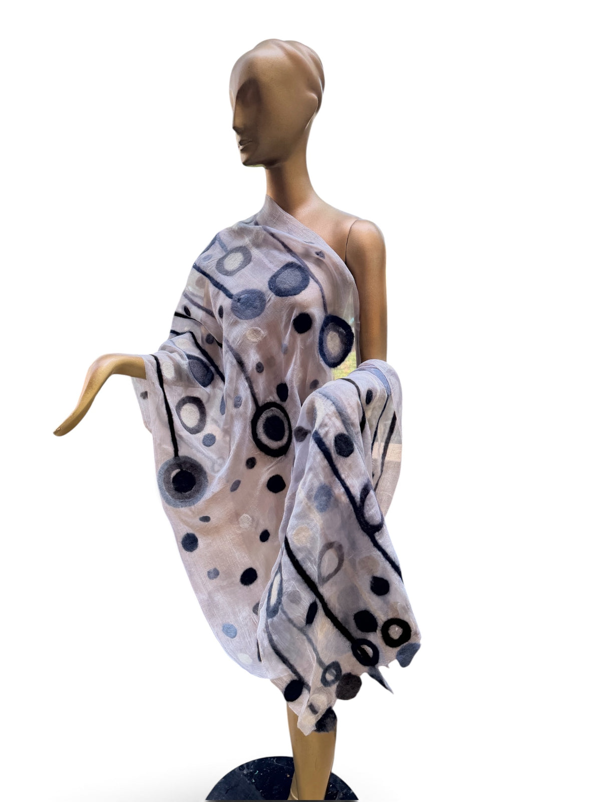 Hand-Felted Nuno Silk Scarf – Black Charcoal Dandelion Puff Shawl (Merino Wool on Silk)