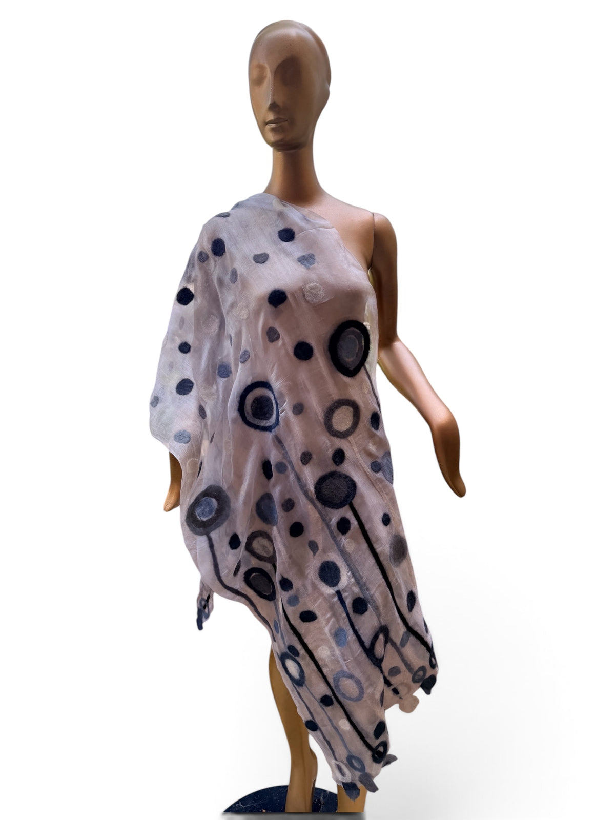 Hand-Felted Nuno Silk Scarf – Black Charcoal Dandelion Puff Shawl (Merino Wool on Silk)