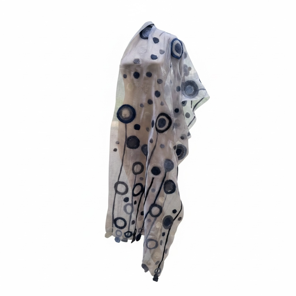 Hand-Felted Nuno Silk Scarf – Black Charcoal Dandelion Puff Shawl (Merino Wool on Silk)