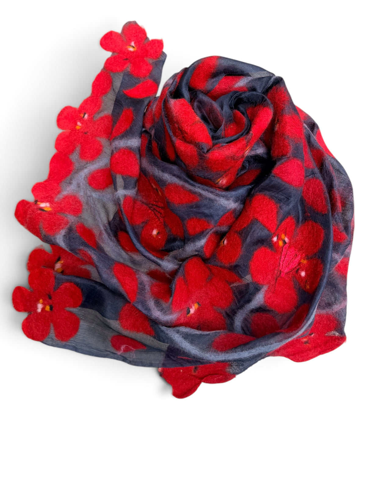 Hand-Nuno Felted Silk Scarf – Vibrant Red Floral Motif on Sheer Charcoal Black (Sakura)