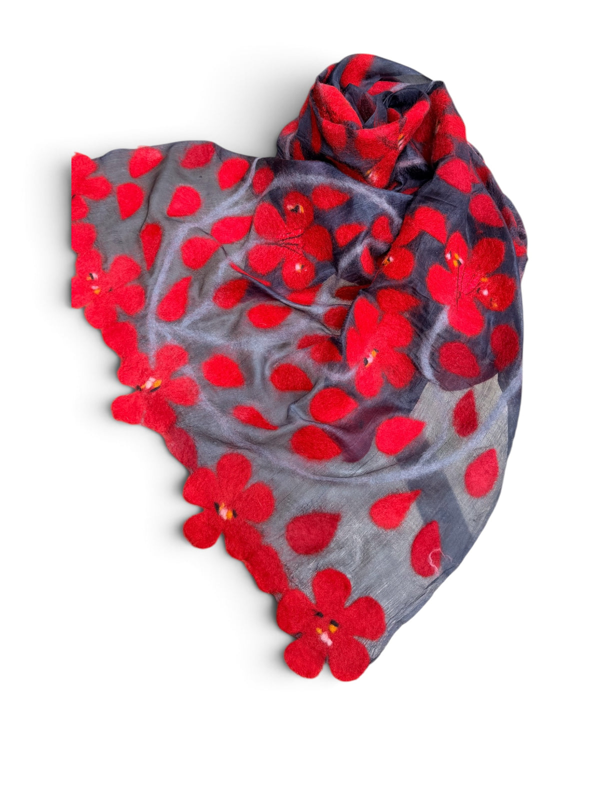 Hand-Nuno Felted Silk Scarf – Vibrant Red Floral Motif on Sheer Charcoal Black (Sakura)