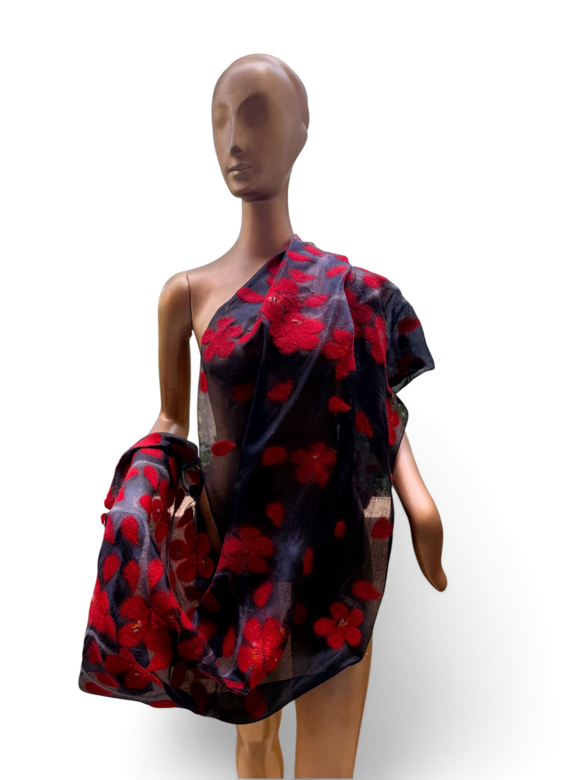 Hand-Nuno Felted Silk Scarf – Vibrant Red Floral Motif on Sheer Charcoal Black (Sakura)