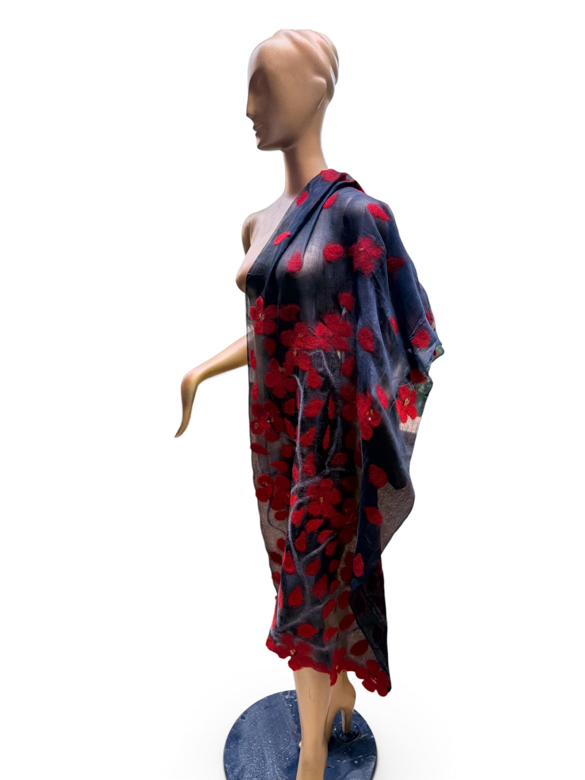 Hand-Nuno Felted Silk Scarf – Vibrant Red Floral Motif on Sheer Charcoal Black (Sakura)