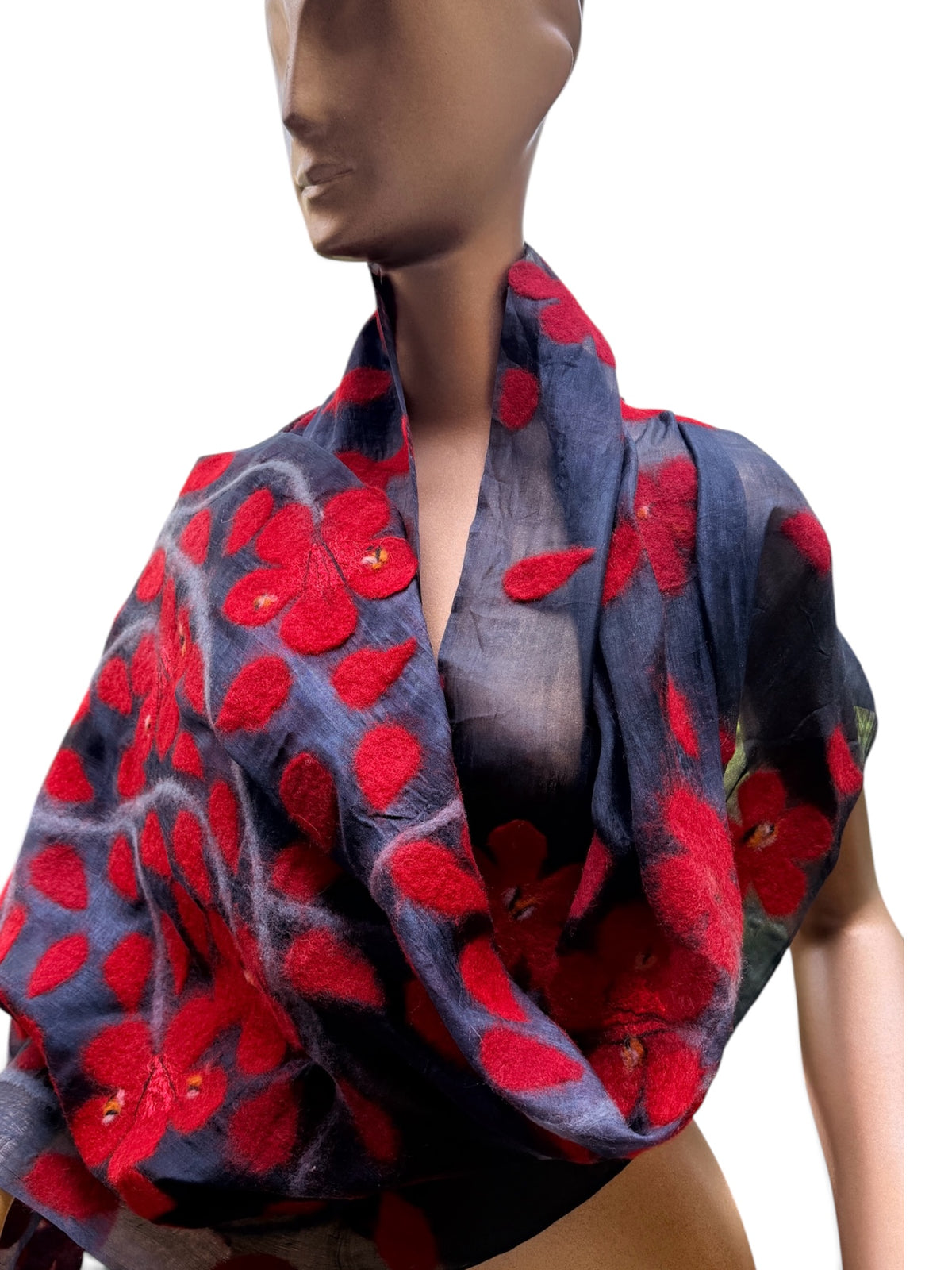 Hand-Nuno Felted Silk Scarf – Vibrant Red Floral Motif on Sheer Charcoal Black (Sakura)