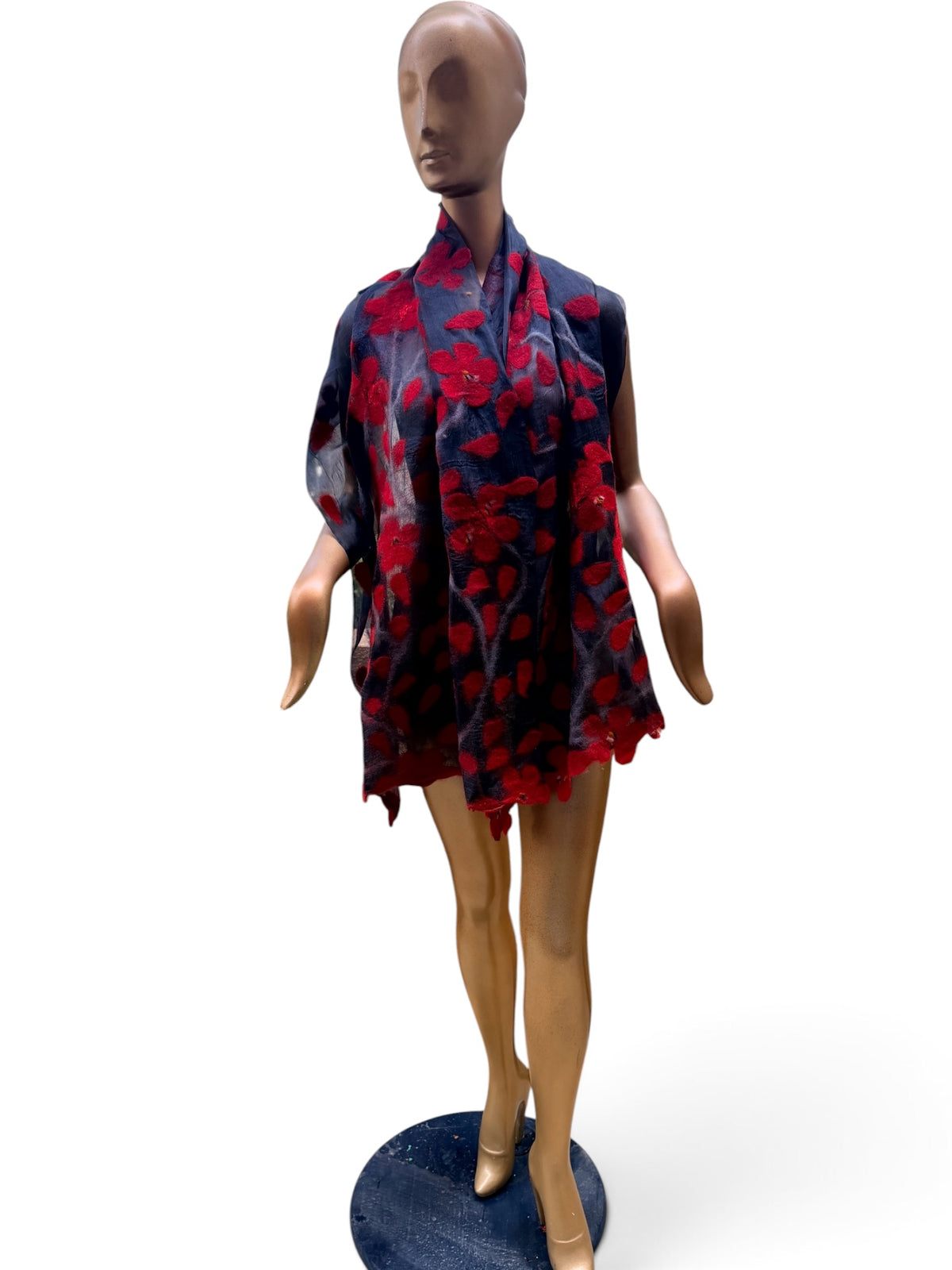 Hand-Nuno Felted Silk Scarf – Vibrant Red Floral Motif on Sheer Charcoal Black (Sakura)