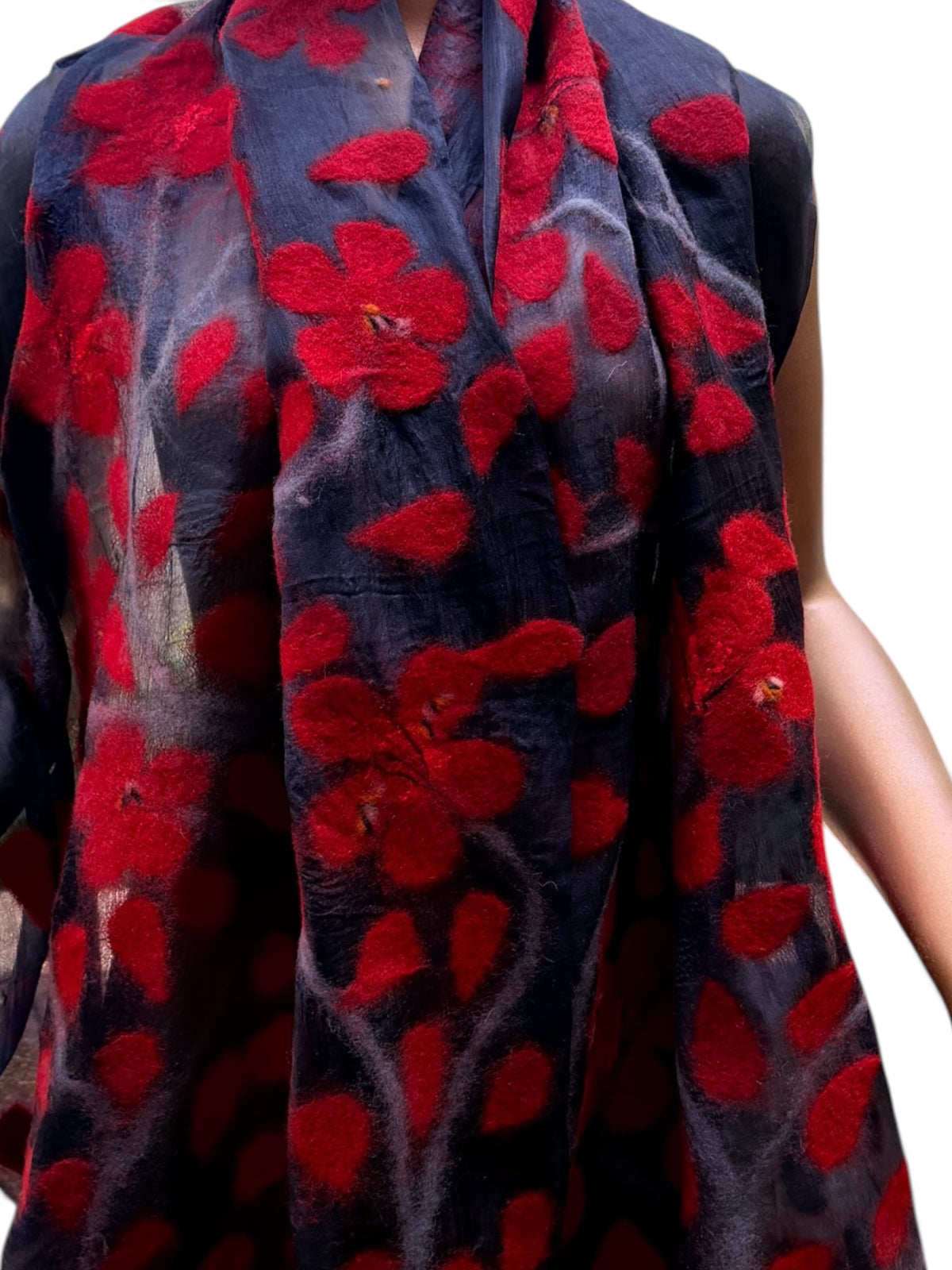 Hand-Nuno Felted Silk Scarf – Vibrant Red Floral Motif on Sheer Charcoal Black (Sakura)
