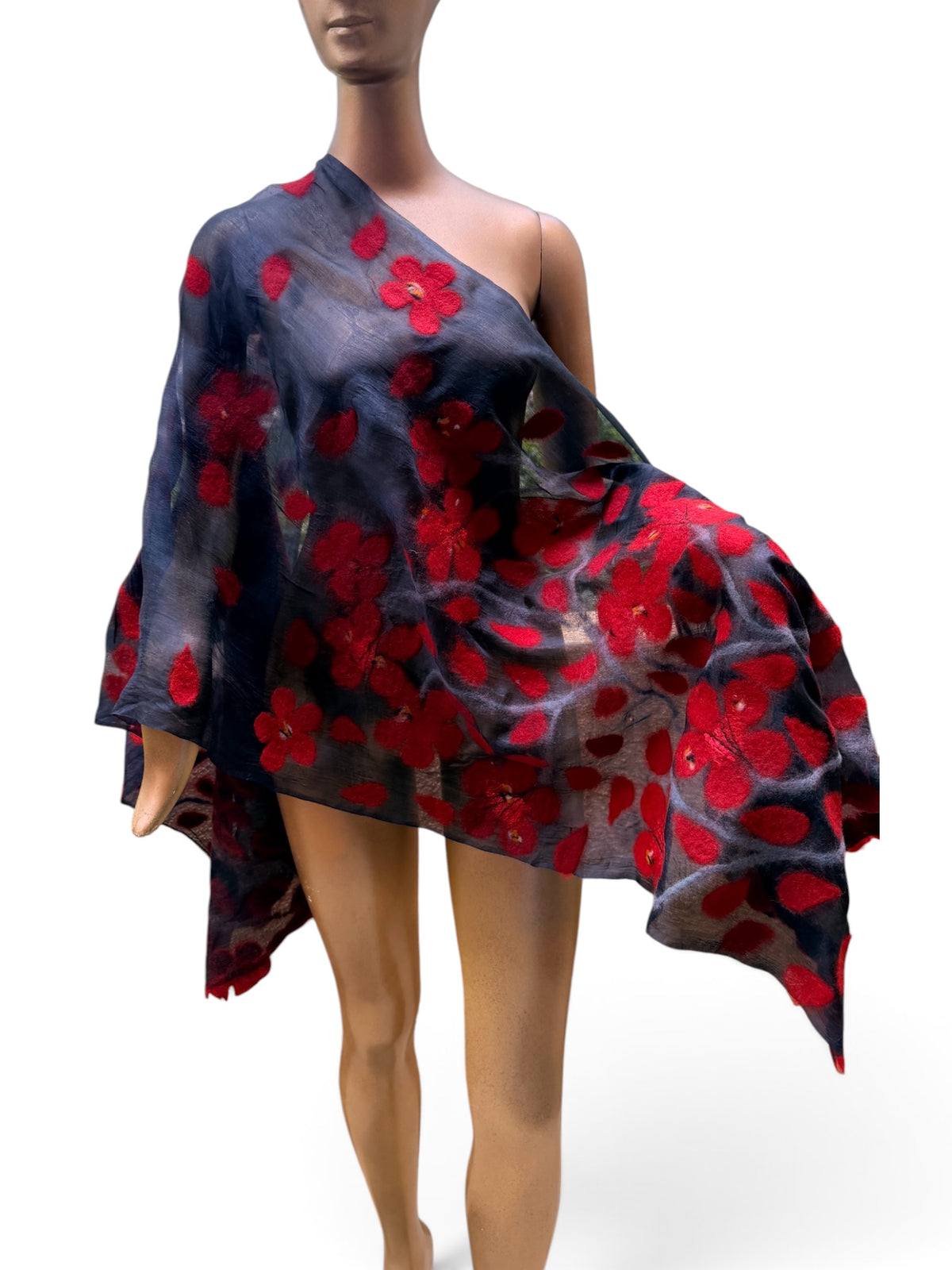 Hand-Nuno Felted Silk Scarf – Vibrant Red Floral Motif on Sheer Charcoal Black (Sakura)