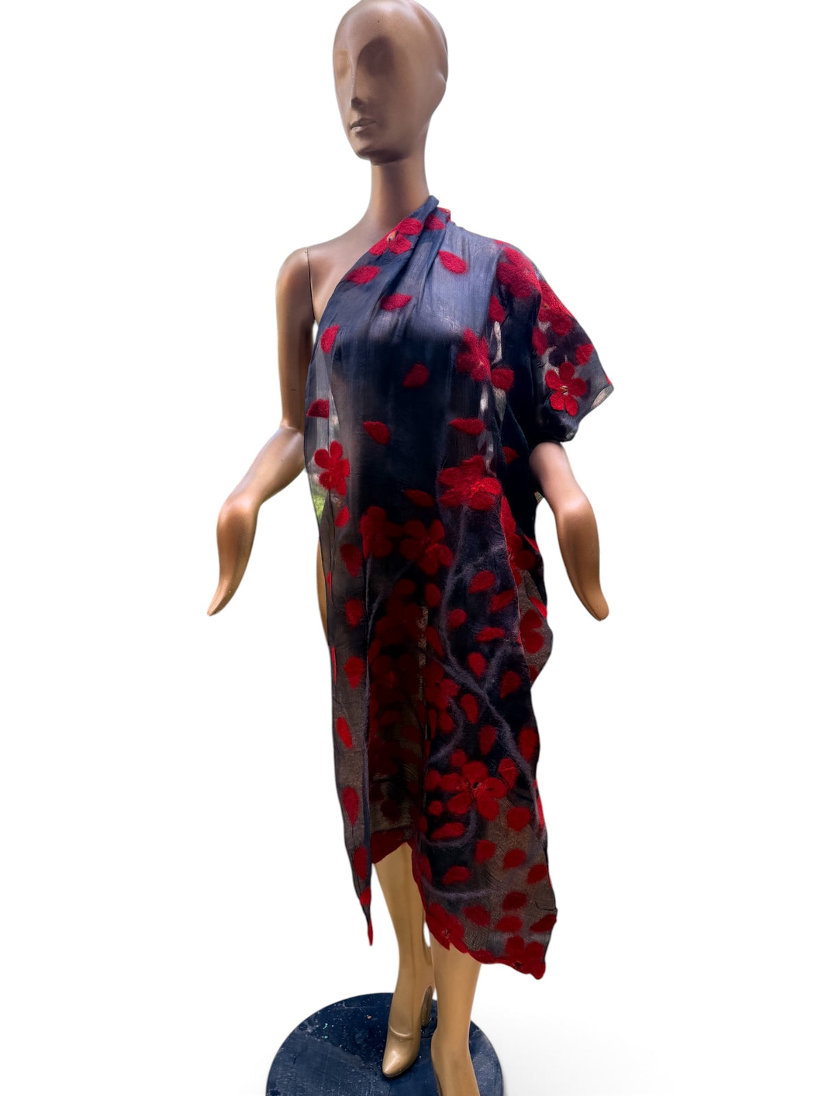Hand-Nuno Felted Silk Scarf – Vibrant Red Floral Motif on Sheer Charcoal Black (Sakura)