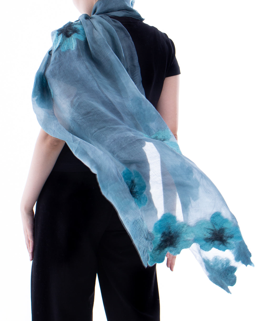 Felted grey silk with blue flowers